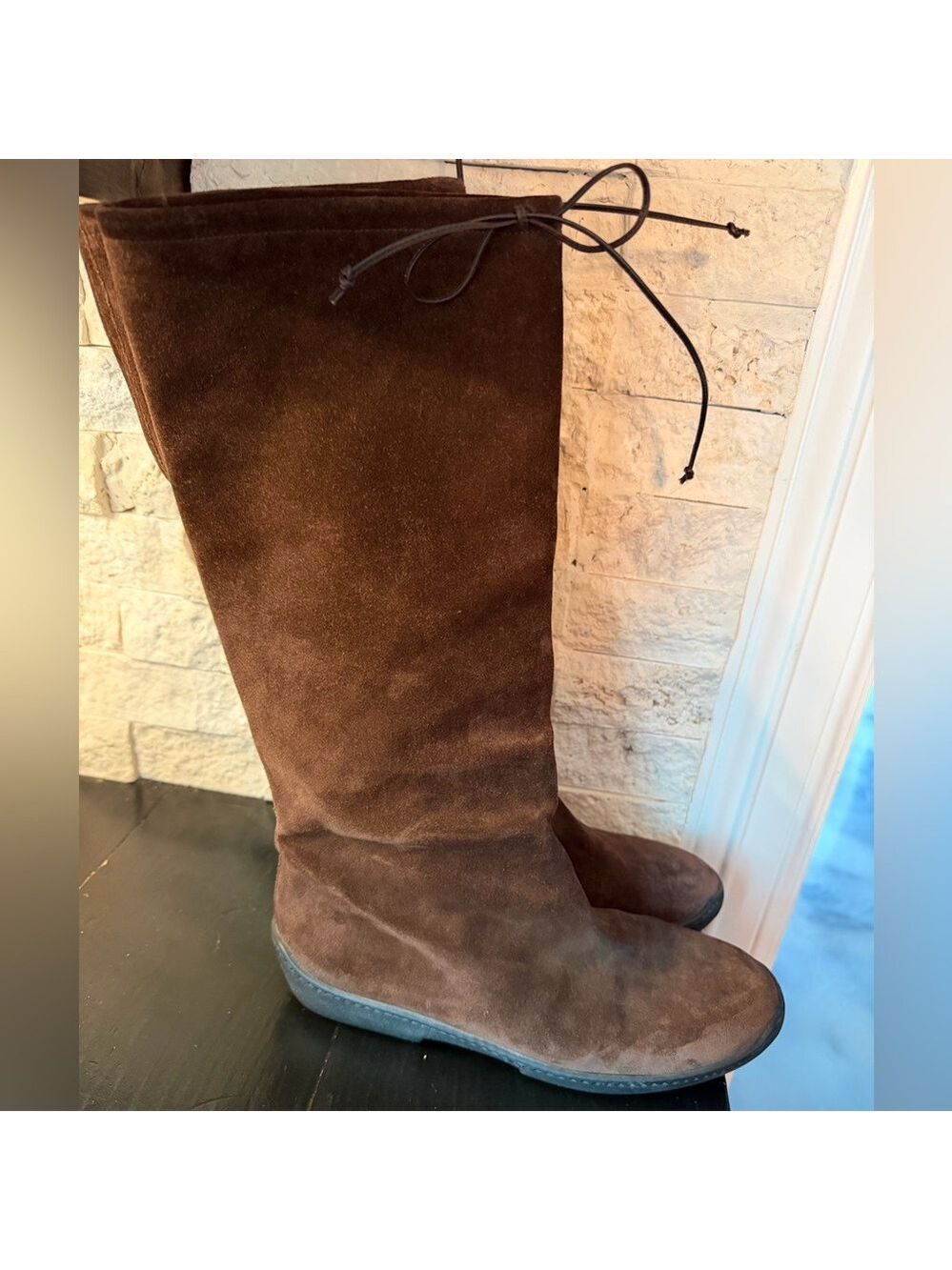 Ralph Lauren Tall Suede Boots Brown Rubber Soles Knee High Leather Tie 8.5 B - Picture 3 of 10